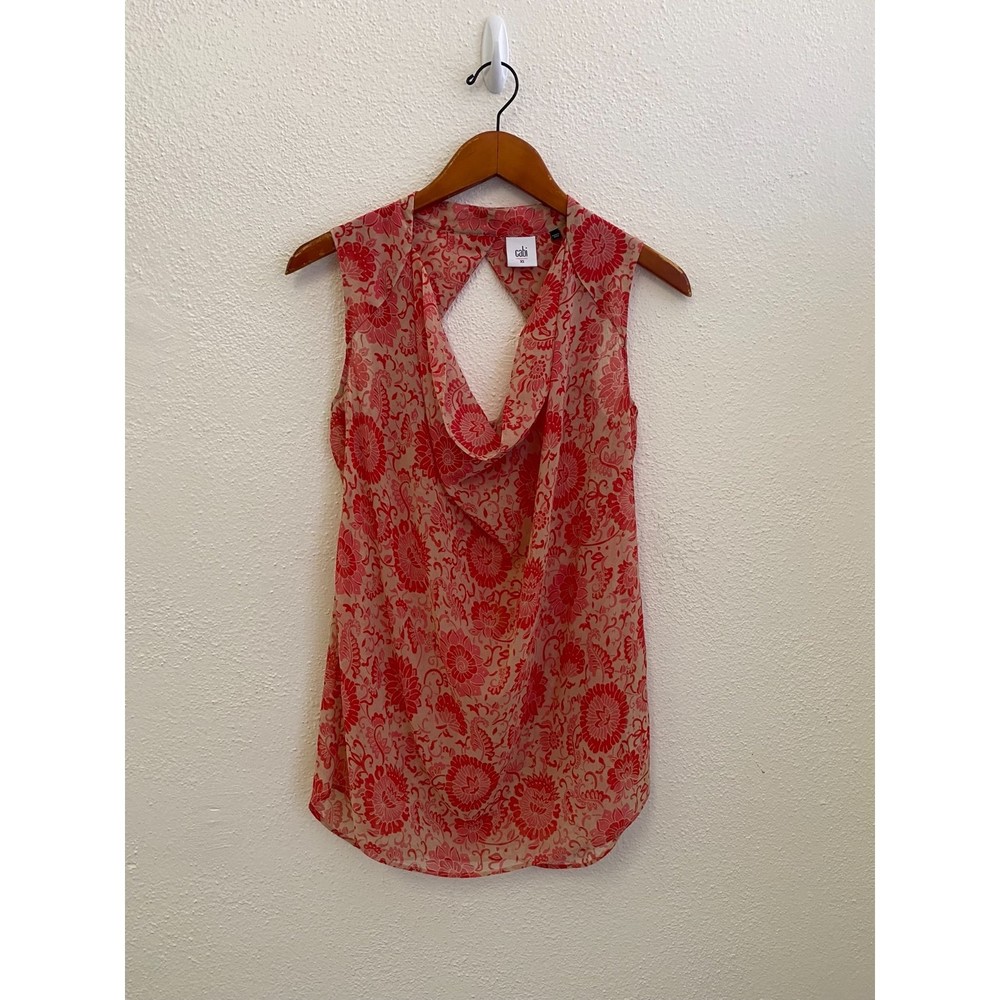 cabi red cream cowl neck floral blouse size xs